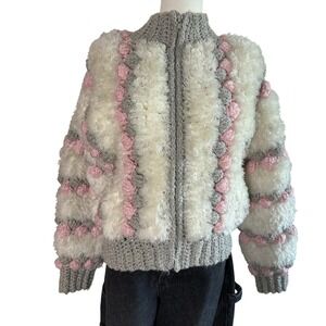 whimsical vintage 70's shaggy knit pompom crochet jacket ~ needs repair